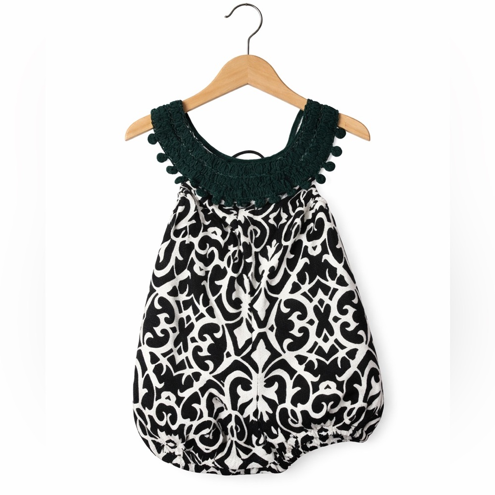 Brass Razoo Romper. Size 3t Black & Ivory with Dark Green Collar. HTF. Handmade
